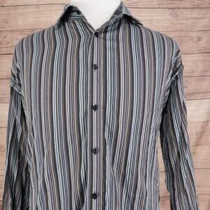 Thomas Dean Dress Shirt‎ Mens 2XL Gray Stripe Button Front Cotton Long Sleeve